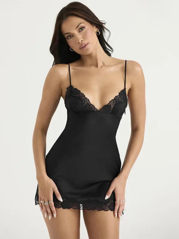 Blue Zone Planet | Ava's Satin Lace Stitching V-Neck Strapless Backless Dress BLUE ZONE PLANET