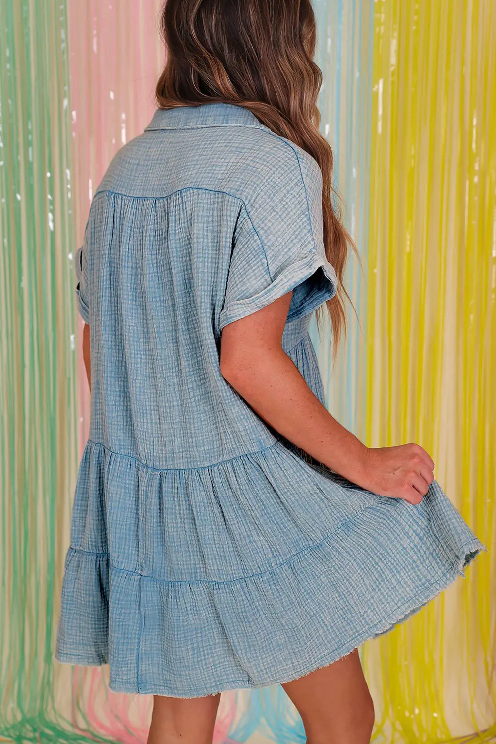 Blue Zone Planet | Beau Blue Mineral Wash Crinkle Split Neck Raw Hem Tiered Dress Blue Zone Planet