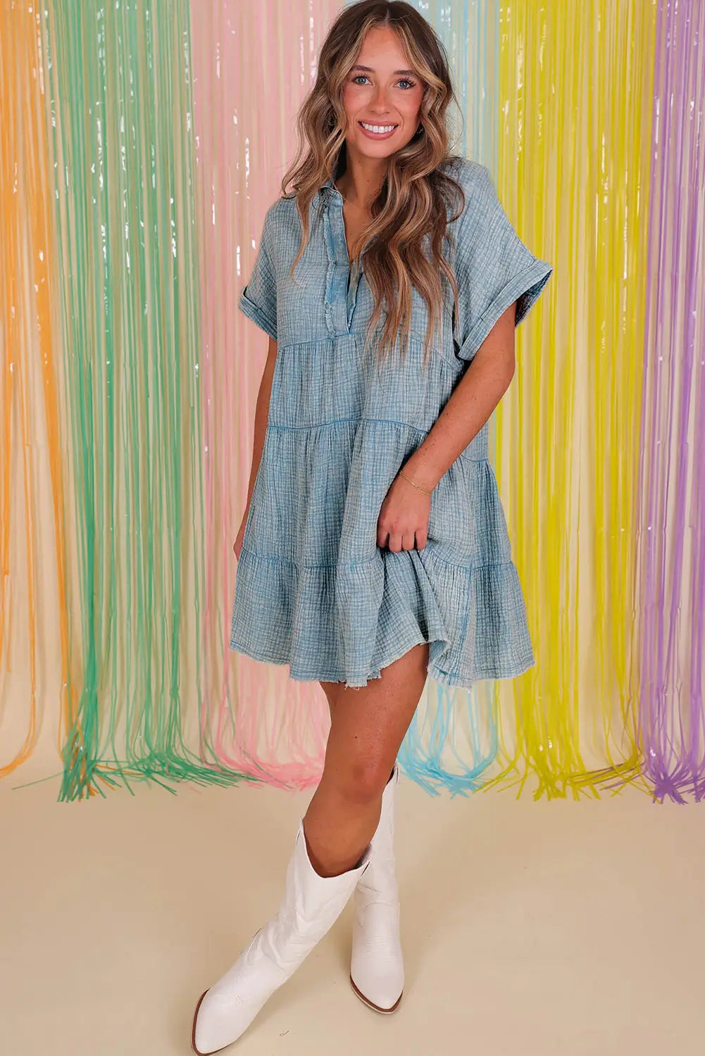 Blue Zone Planet | Beau Blue Mineral Wash Crinkle Split Neck Raw Hem Tiered Dress Blue Zone Planet