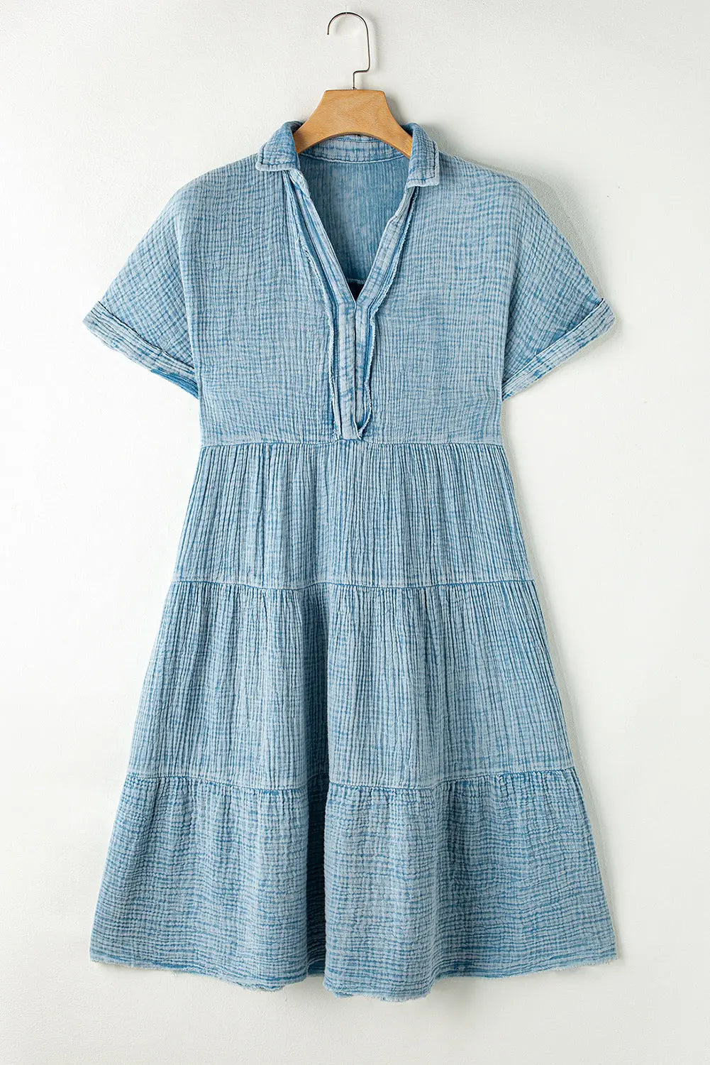 Blue Zone Planet | Beau Blue Mineral Wash Crinkle Split Neck Raw Hem Tiered Dress Blue Zone Planet