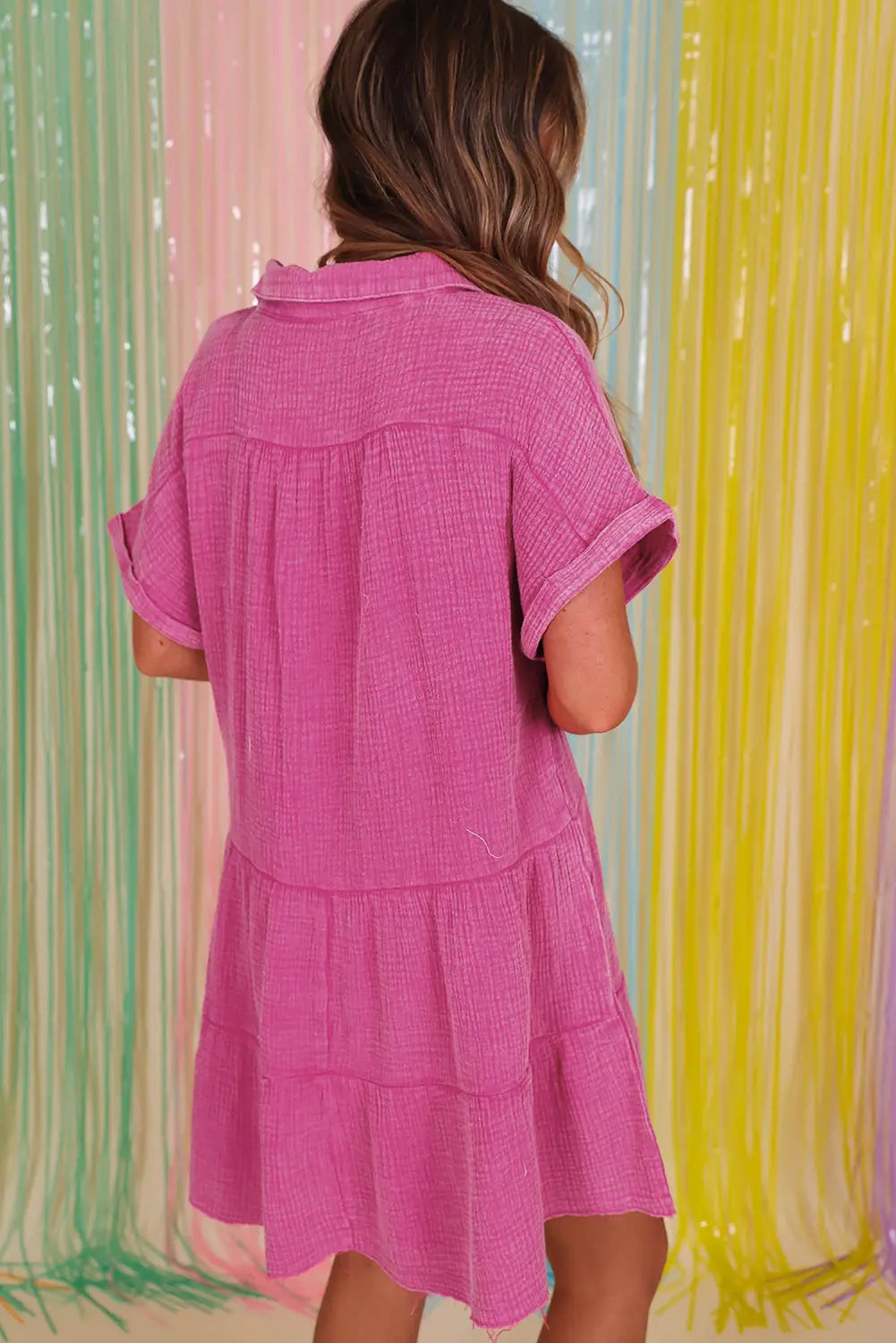 Blue Zone Planet | Beau Blue Mineral Wash Crinkle Split Neck Raw Hem Tiered Dress Blue Zone Planet