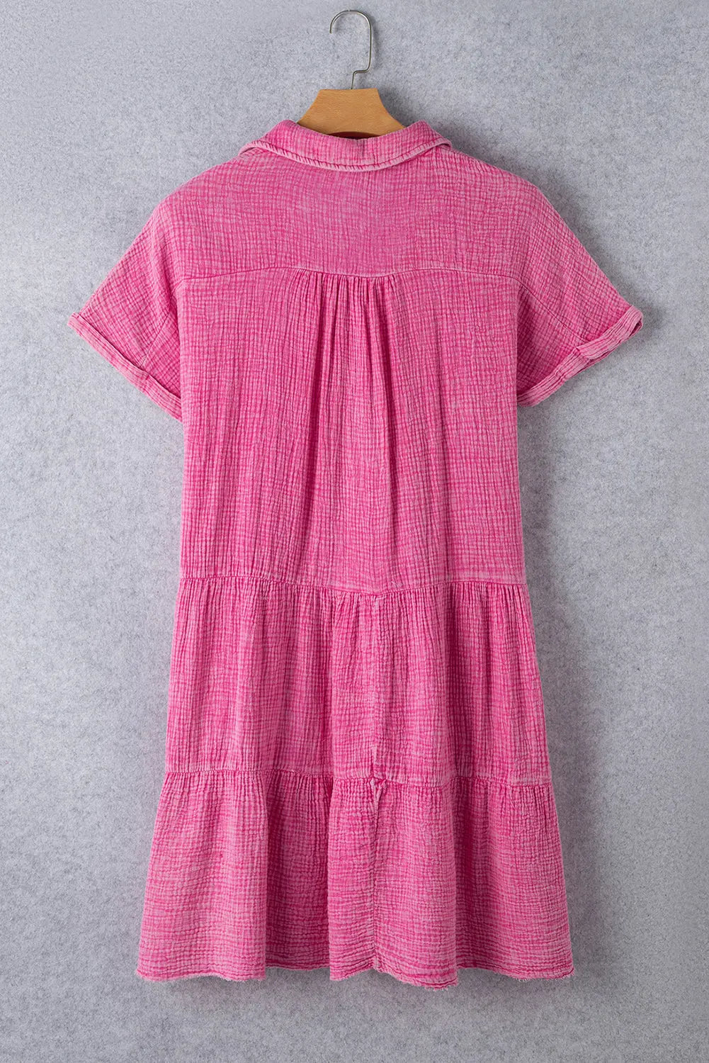Blue Zone Planet | Beau Blue Mineral Wash Crinkle Split Neck Raw Hem Tiered Dress Blue Zone Planet