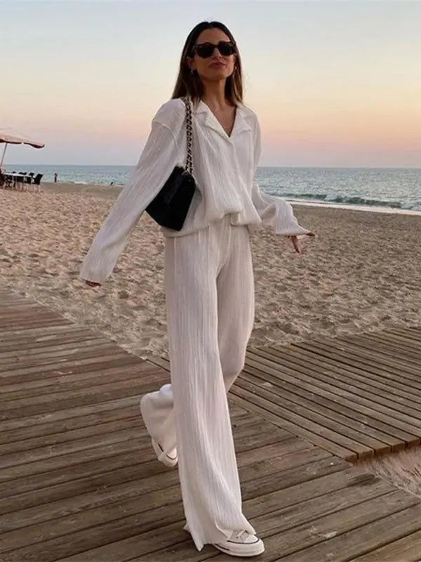 Blue Zone Planet | Bella's Bohemian Pleated Shirt with matching Straight Loose Trousers Set kakaclo