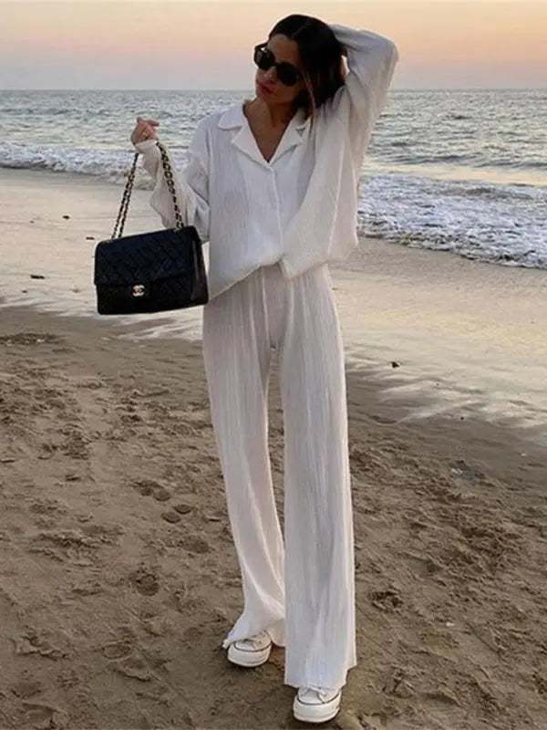 Blue Zone Planet | Bella's Bohemian Pleated Shirt with matching Straight Loose Trousers Set kakaclo
