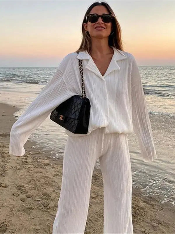 Blue Zone Planet | Bella's Bohemian Pleated Shirt with matching Straight Loose Trousers Set kakaclo