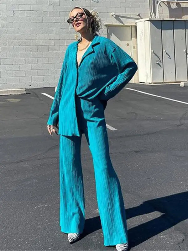 Blue Zone Planet | Bella's Bohemian Pleated Shirt with matching Straight Loose Trousers Set kakaclo