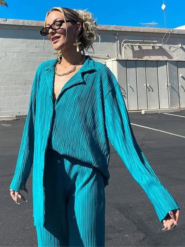 Blue Zone Planet | Bella's Bohemian Pleated Shirt with matching Straight Loose Trousers Set kakaclo