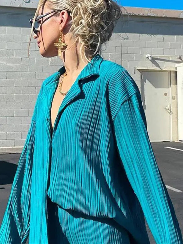 Blue Zone Planet | Bella's Bohemian Pleated Shirt with matching Straight Loose Trousers Set kakaclo