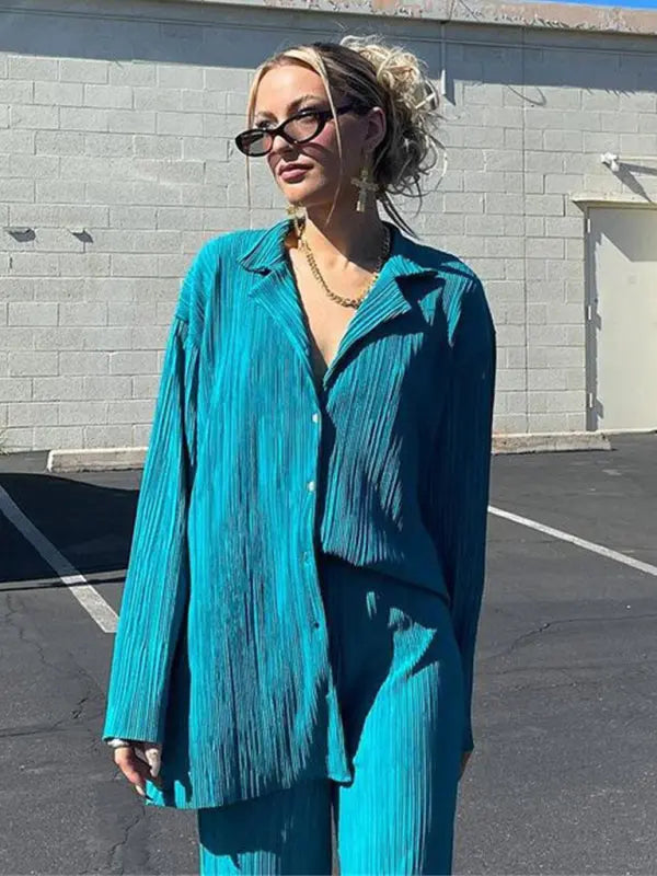 Blue Zone Planet | Bella's Bohemian Pleated Shirt with matching Straight Loose Trousers Set kakaclo