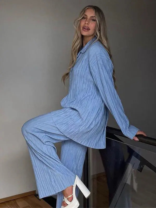 Blue Zone Planet | Bella's Bohemian Pleated Shirt with matching Straight Loose Trousers Set kakaclo