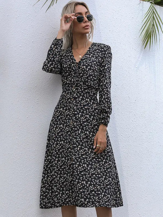 Blue Zone Planet |  Black Ditsy Long-Sleeved V-Neck Knee-Length Dress BLUE ZONE PLANET