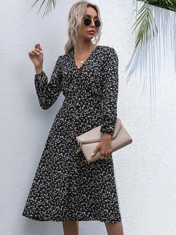 Blue Zone Planet | Black Ditsy Long-Sleeved V-Neck Knee-Length Dress BLUE ZONE PLANET