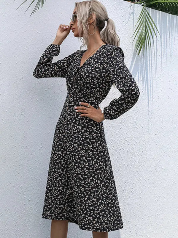 Blue Zone Planet | Black Ditsy Long-Sleeved V-Neck Knee-Length Dress BLUE ZONE PLANET