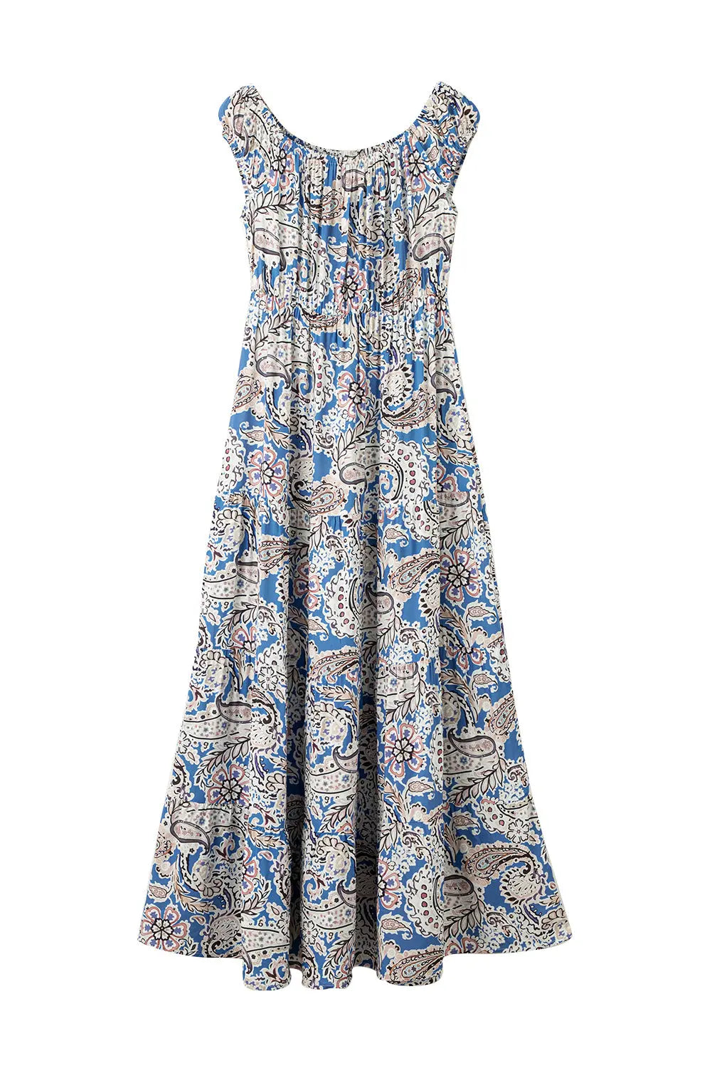 Blue Zone Planet | Blue Boho Paisley Print Off Shoulder Maxi Dress Blue Zone Planet