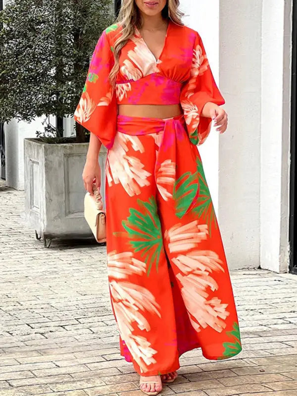 Blue Zone Planet | Bohemian V-neck lantern sleeve short shirt high waist wide-leg pants two-piece set kakaclo