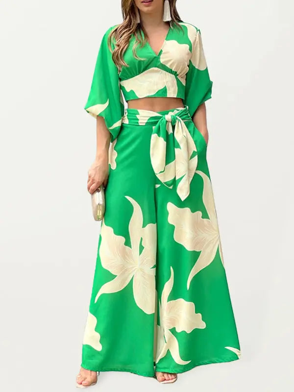 Blue Zone Planet | Bohemian V-neck lantern sleeve short shirt high waist wide-leg pants two-piece set kakaclo