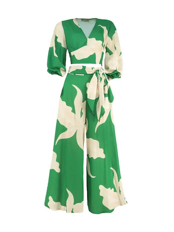 Blue Zone Planet | Bohemian V-neck lantern sleeve short shirt high waist wide-leg pants two-piece set kakaclo