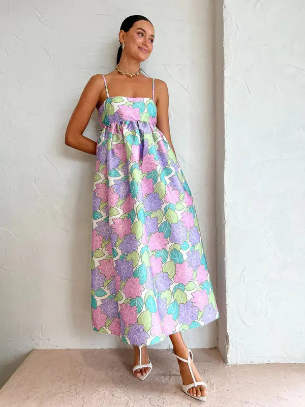 Blue Zone Planet | Botanical Spaghetti Strap Loose Backless Maxi Dress BLUE ZONE PLANET