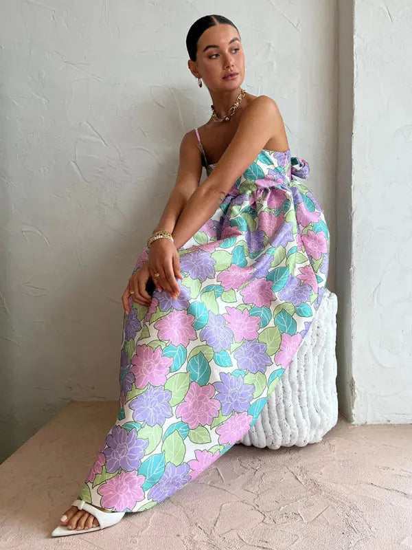 Blue Zone Planet | Botanical Spaghetti Strap Loose Backless Maxi Dress BLUE ZONE PLANET