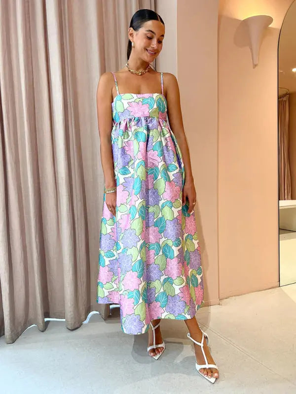 Blue Zone Planet | Botanical Spaghetti Strap Loose Backless Maxi Dress BLUE ZONE PLANET