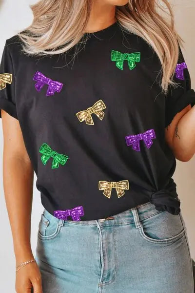 Blue Zone Planet | Bow Print Sequin Round Neck Short Sleeve T-Shirt BLUE ZONE PLANET