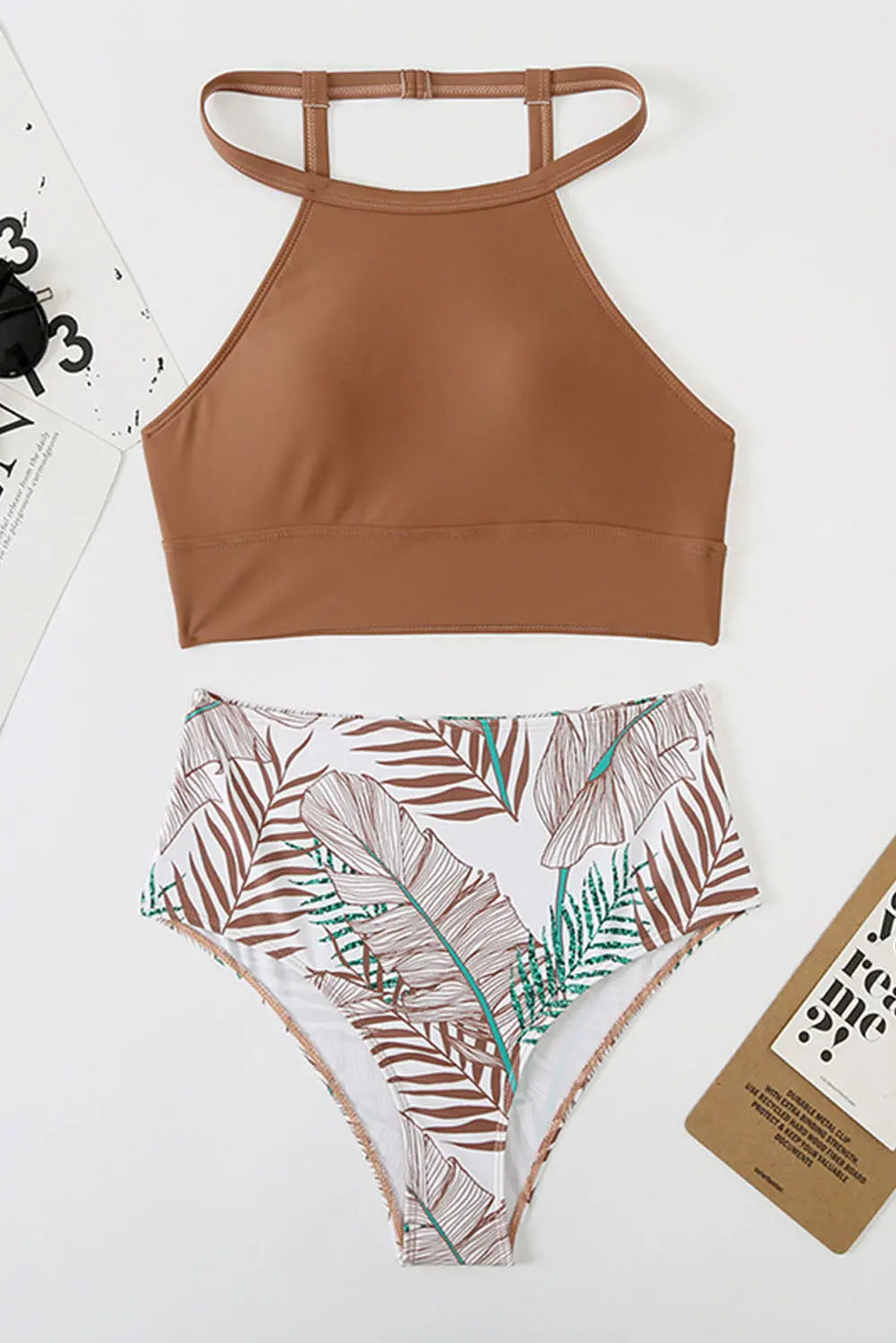 Blue Zone Planet | Brown Solid Strappy Halter Bikini Printed High Waist Swimsuit Blue Zone Planet