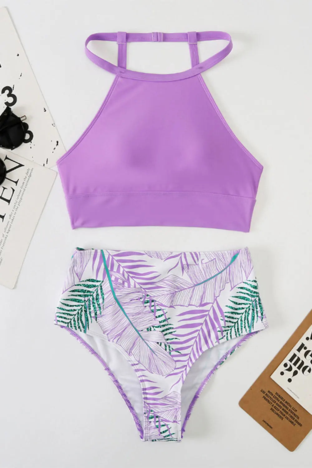 Blue Zone Planet | Brown Solid Strappy Halter Bikini Printed High Waist Swimsuit Blue Zone Planet