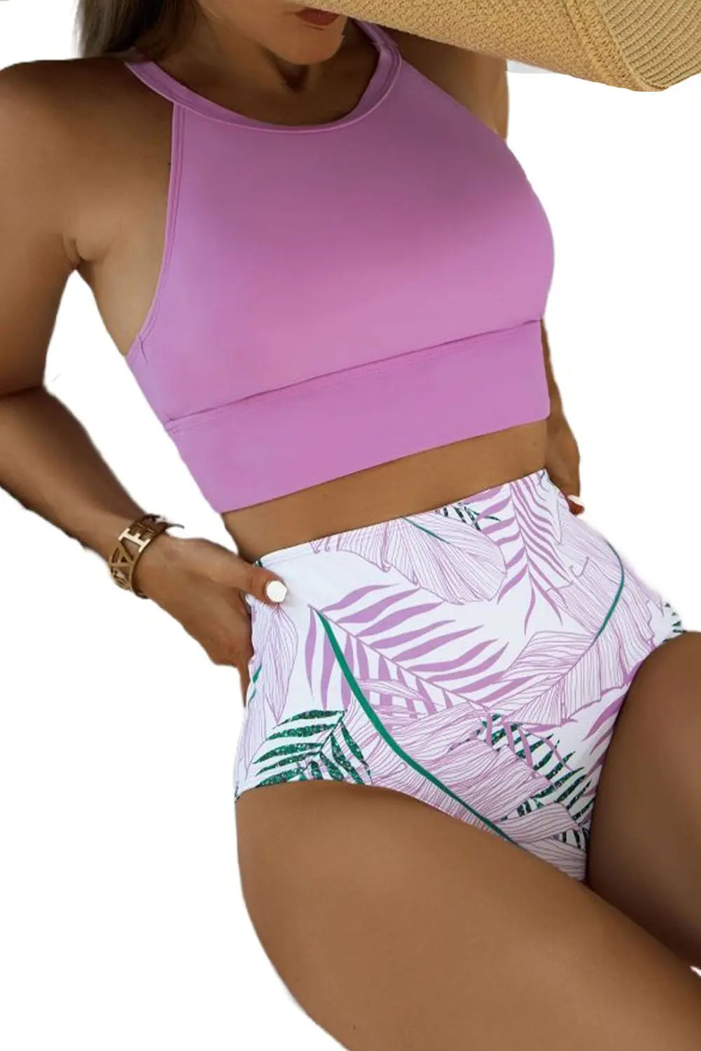 Blue Zone Planet | Brown Solid Strappy Halter Bikini Printed High Waist Swimsuit Blue Zone Planet