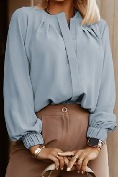 Blue Zone Planet | Button Up Round Neck Long Sleeve Shirt BLUE ZONE PLANET