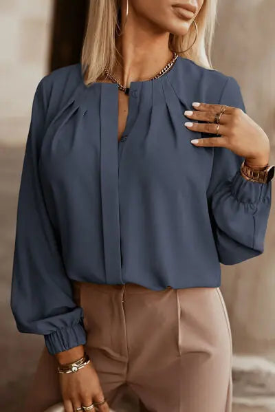 Blue Zone Planet | Button Up Round Neck Long Sleeve Shirt BLUE ZONE PLANET