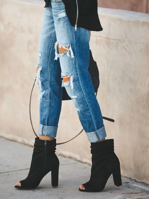 Blue Zone Planet | Casual washed ripped straight leg street style jeans BLUE ZONE PLANET