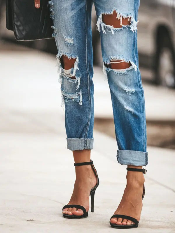 Blue Zone Planet | Casual washed ripped straight leg street style jeans BLUE ZONE PLANET