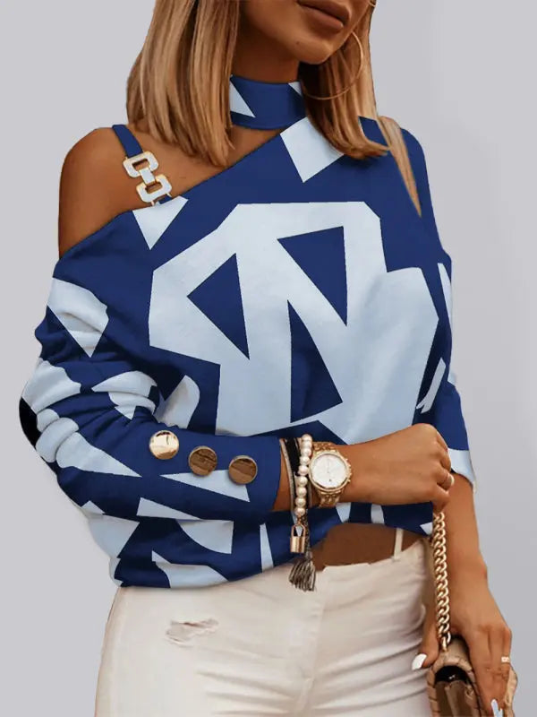Blue Zone Planet | Check Geometric Pattern Print Long Sleeve Chain Halter Print Button Top BLUE ZONE PLANET