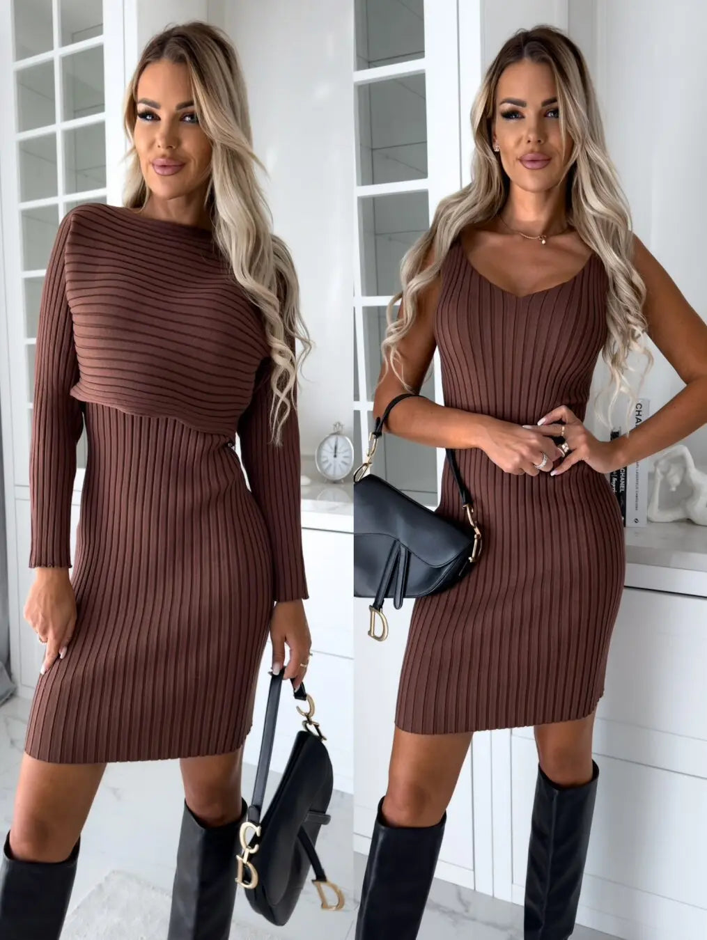Blue Zone Planet | Chic Duo Ribbed Off-Shoulder Top & Bodycon Knee-Length Dress Two Piece Set Blue Zone Planet