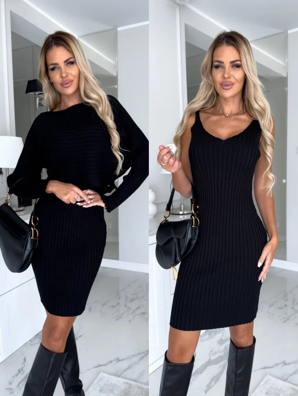 Blue Zone Planet | Chic Duo Ribbed Off-Shoulder Top & Bodycon Knee-Length Dress Two Piece Set Blue Zone Planet