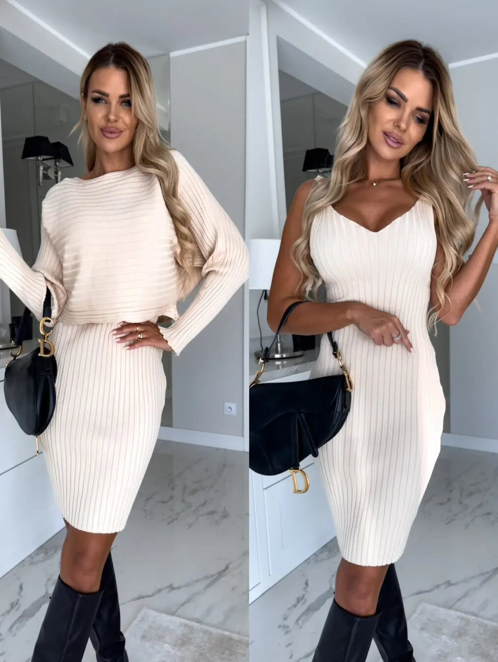 Blue Zone Planet | Chic Duo Ribbed Off-Shoulder Top & Bodycon Knee-Length Dress Two Piece Set Blue Zone Planet