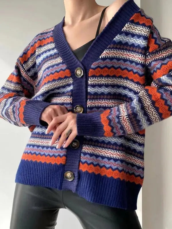 Blue Zone Planet | Contrast Color Knitted Sweater Cardigan Jacket Sweater BLUE ZONE PLANET