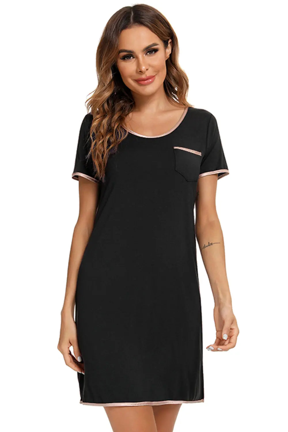 Blue Zone Planet | Contrast Trim Pocketed Round Neck Lounge Dress BLUE ZONE PLANET