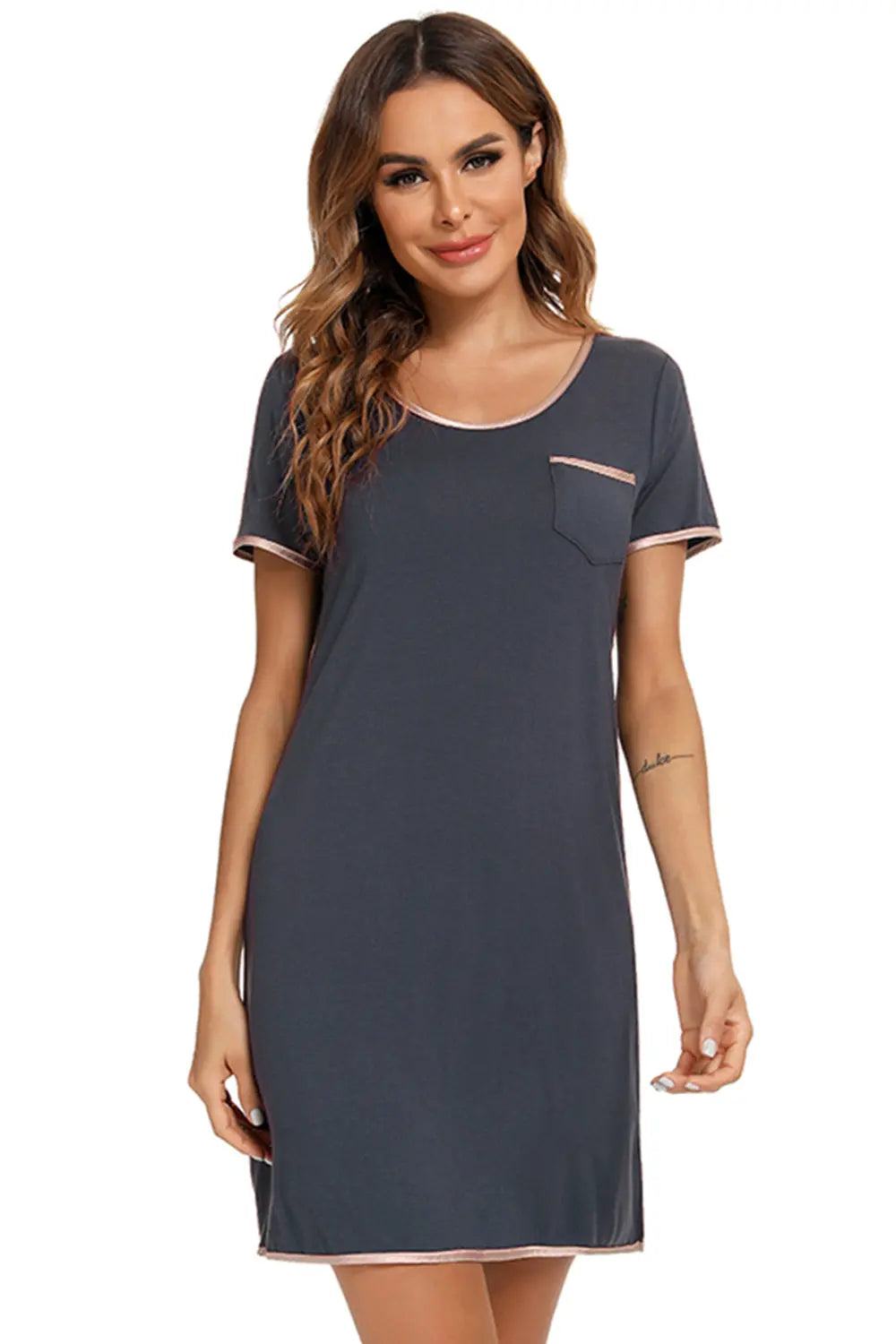 Blue Zone Planet | Contrast Trim Pocketed Round Neck Lounge Dress BLUE ZONE PLANET