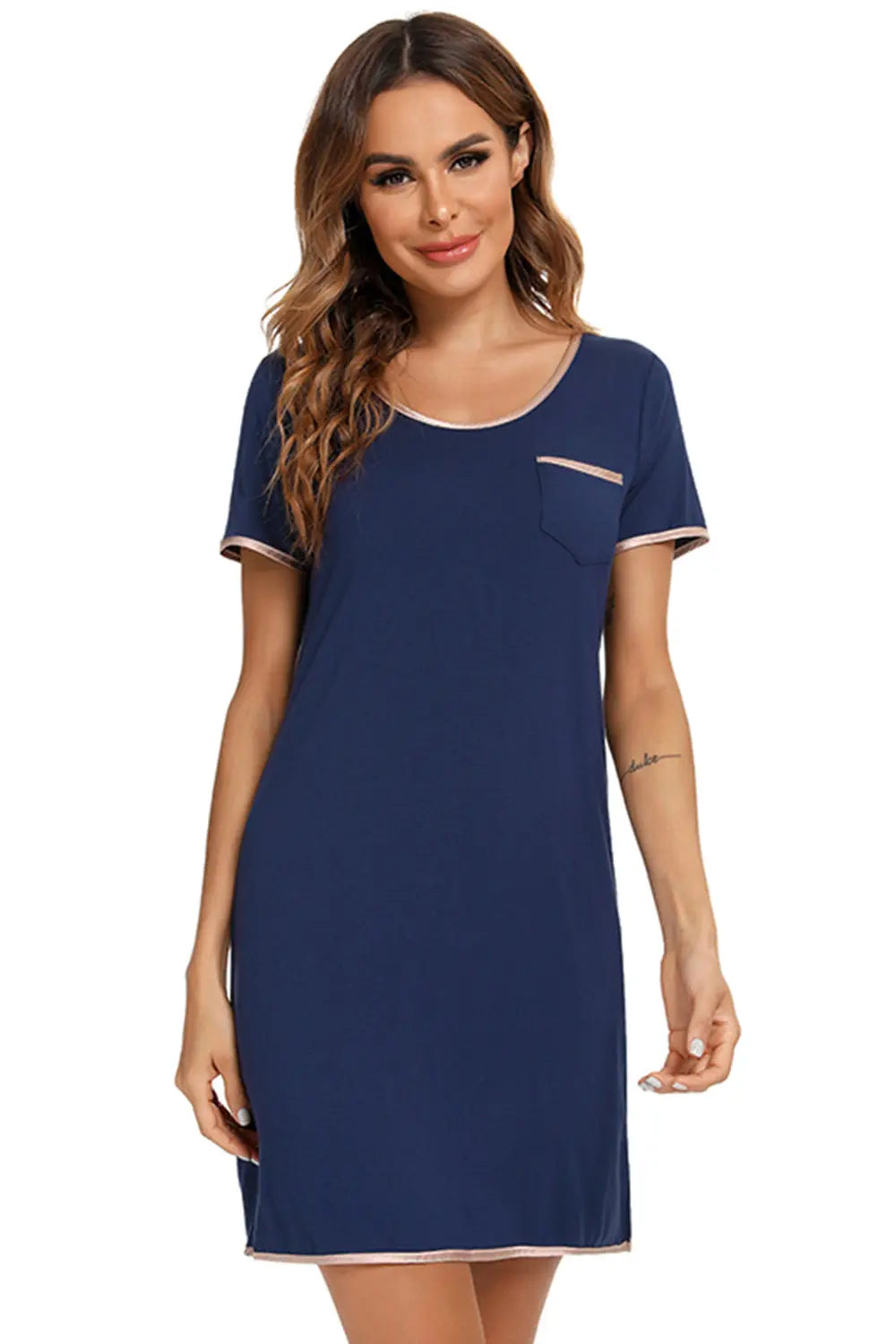 Blue Zone Planet |  Contrast Trim Pocketed Round Neck Lounge Dress BLUE ZONE PLANET