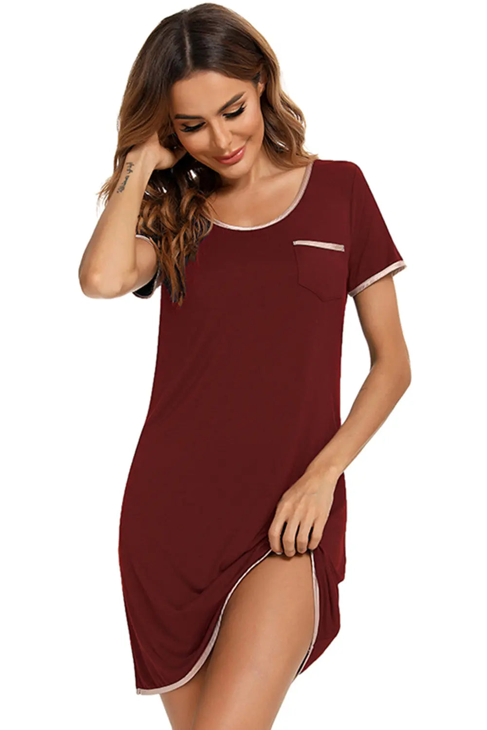 Blue Zone Planet | Contrast Trim Pocketed Round Neck Lounge Dress BLUE ZONE PLANET