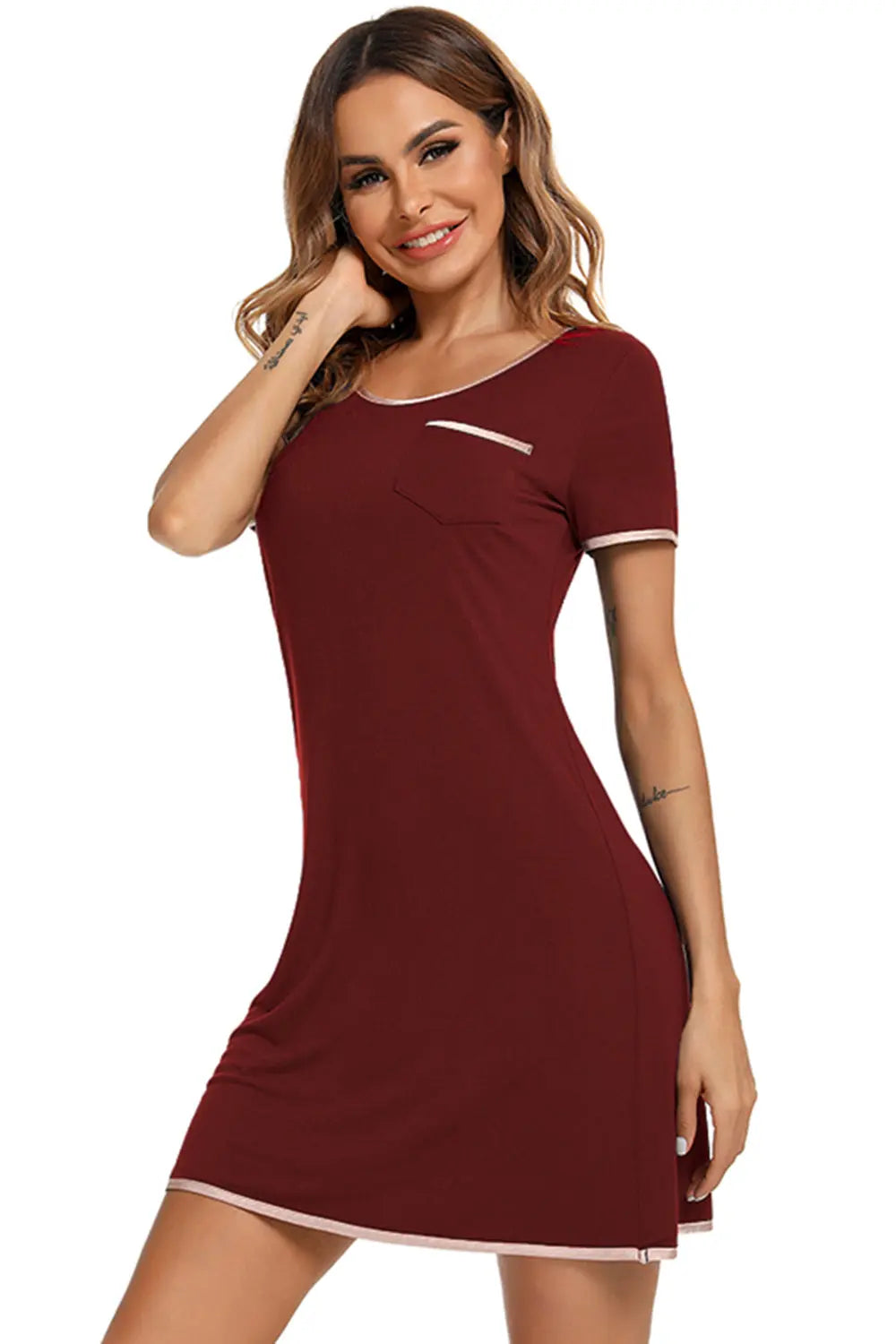 Blue Zone Planet | Contrast Trim Pocketed Round Neck Lounge Dress BLUE ZONE PLANET