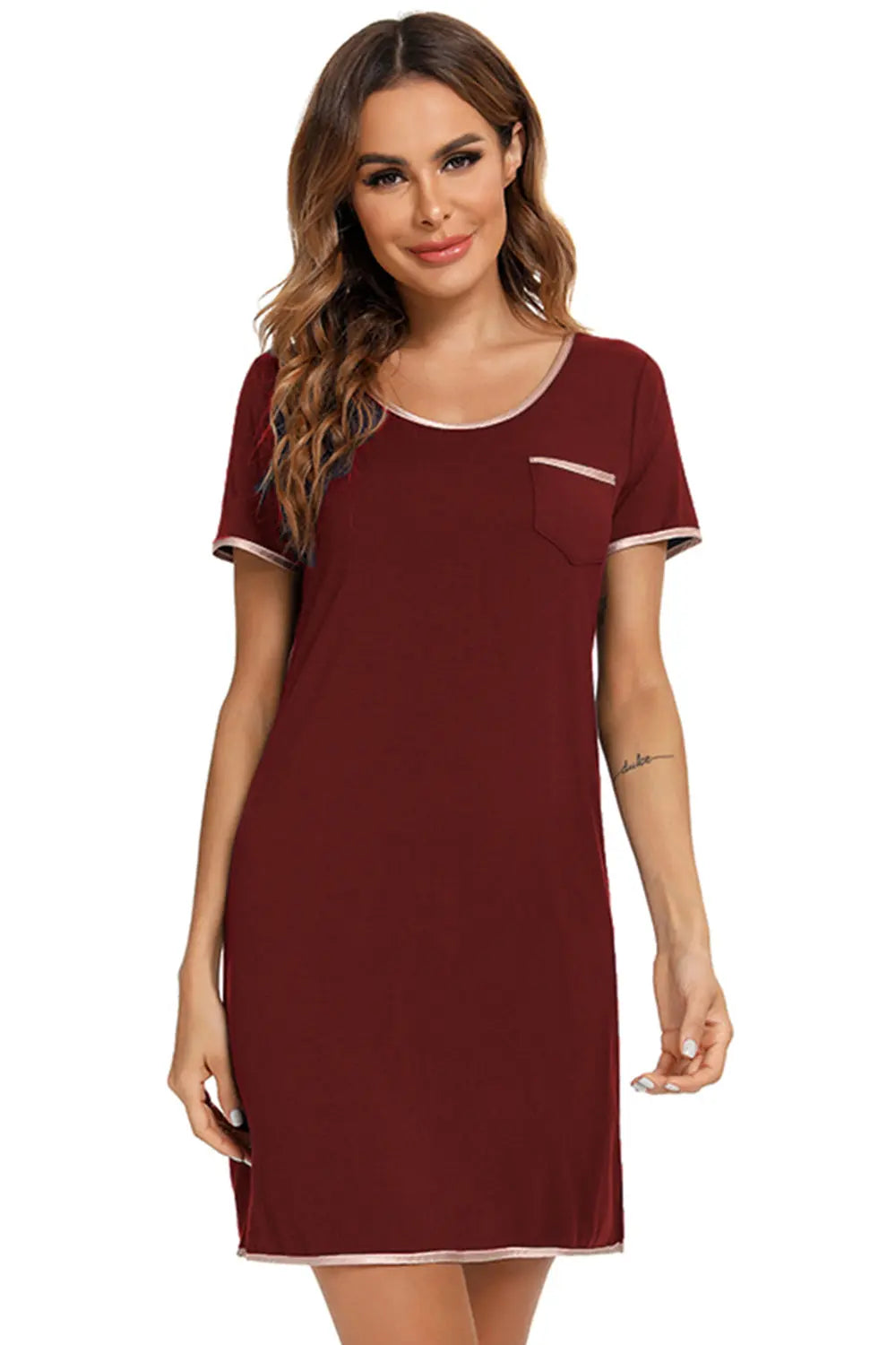 Blue Zone Planet | Contrast Trim Pocketed Round Neck Lounge Dress BLUE ZONE PLANET