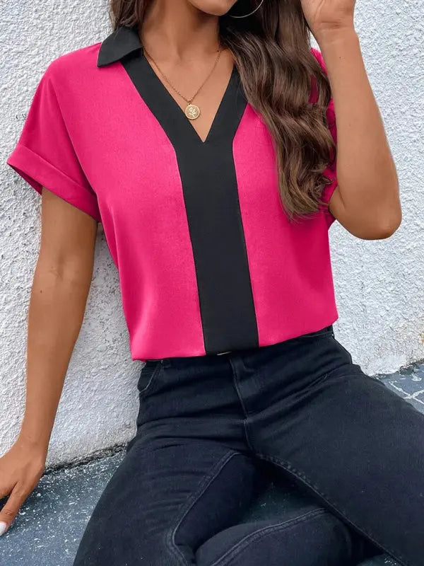 Blue Zone Planet | Contrasting Color V-Neck Raglan Sleeve Lapel Loose Top BLUE ZONE PLANET