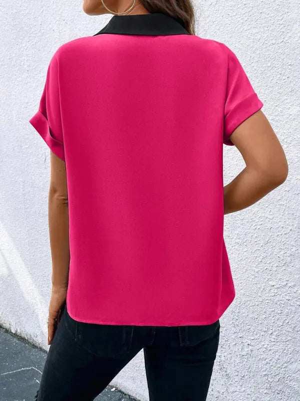 Blue Zone Planet | Contrasting Color V-Neck Raglan Sleeve Lapel Loose Top BLUE ZONE PLANET