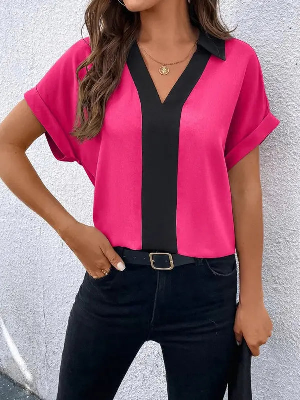 Blue Zone Planet | Contrasting Color V-Neck Raglan Sleeve Lapel Loose Top BLUE ZONE PLANET