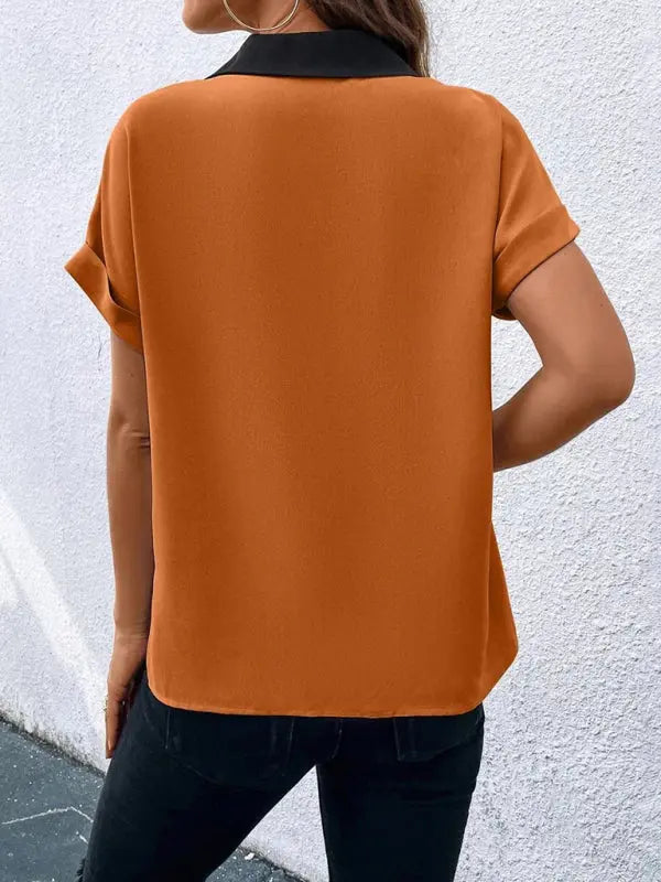 Blue Zone Planet | Contrasting Color V-Neck Raglan Sleeve Lapel Loose Top BLUE ZONE PLANET