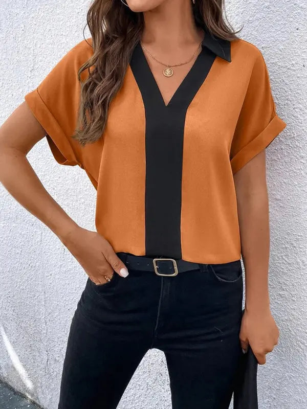 Blue Zone Planet | Contrasting Color V-Neck Raglan Sleeve Lapel Loose Top BLUE ZONE PLANET