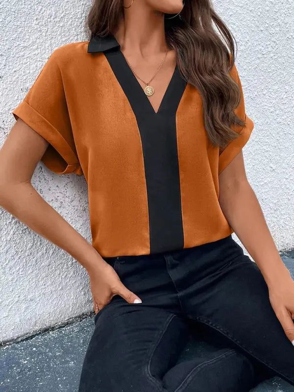 Blue Zone Planet | Contrasting Color V-Neck Raglan Sleeve Lapel Loose Top BLUE ZONE PLANET