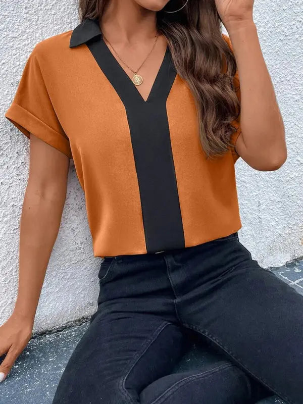 Blue Zone Planet | Contrasting Color V-Neck Raglan Sleeve Lapel Loose Top BLUE ZONE PLANET